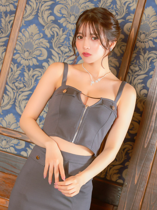 ロングドレス セットアップ ジップ キャミソール ストレッチ フェイクポケット マーメイド グレー XL XXL タイト キャバドレスのイメージ画像1