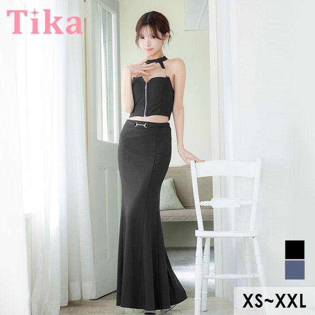 ロングドレス タイト セットアップ ジップ チェーン セクシー ホルターネック ストレッチ ウエストベルト マーメイド ブルー XS XL XXL キャバドレスのメイン画像