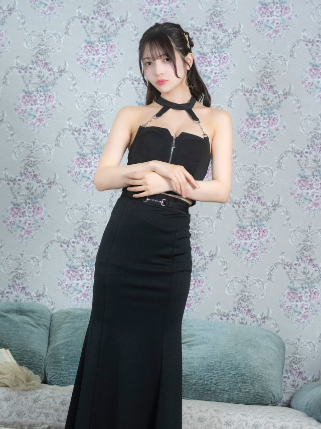 ロングドレス タイト セットアップ ジップ チェーン セクシー ホルターネック ストレッチ ウエストベルト マーメイド ブルー XS XL XXL キャバドレスのイメージ画像2