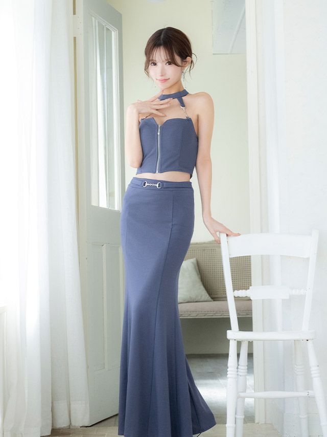 ロングドレス タイト セットアップ ジップ チェーン セクシー ホルターネック ストレッチ ウエストベルト マーメイド ブルー XS XL XXL キャバドレスのイメージ画像2