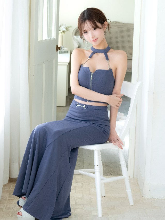 ロングドレス タイト セットアップ ジップ チェーン セクシー ホルターネック ストレッチ ウエストベルト マーメイド ブルー XS XL XXL キャバドレスのイメージ画像2