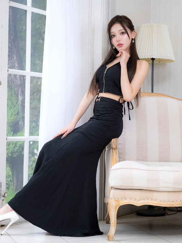 ロングドレス セットアップ ジップ セクシー ノースリーブ 襟付き ウエストベルト 黒 XL タイト キャバドレス (せいせい着用)のイメージ画像2