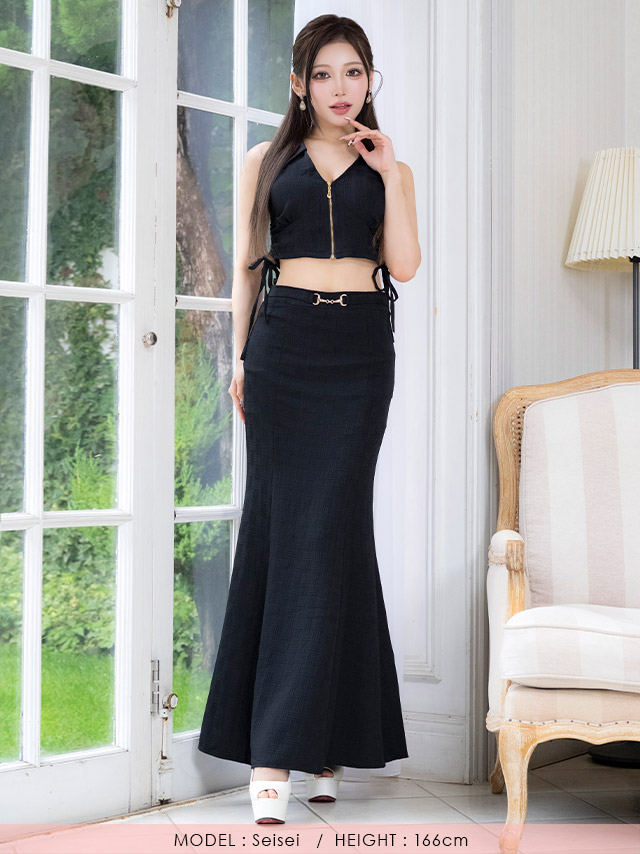 ロングドレス セットアップ ジップ セクシー ノースリーブ 襟付き ウエストベルト 黒 XL タイト キャバドレス (せいせい着用)のフロント全身