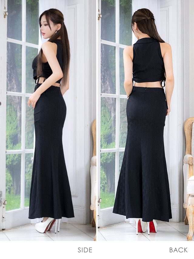 ロングドレス セットアップ ジップ セクシー ノースリーブ 襟付き ウエストベルト 黒 XL タイト キャバドレス (せいせい着用)のサイドバッグ全身