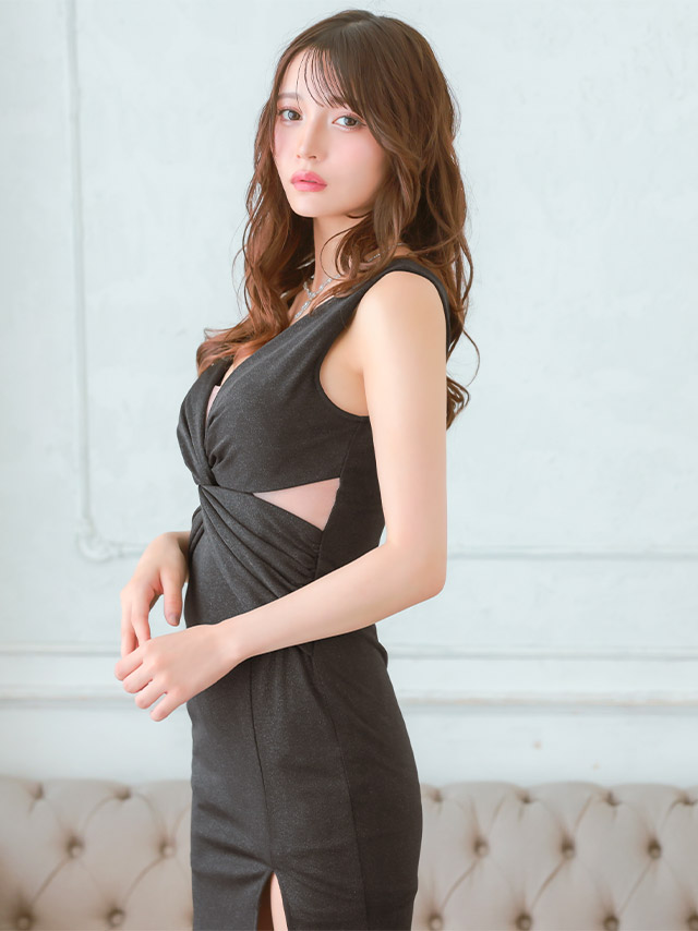 ロングドレス ノースリーブ 谷間 スリット くびれ ヌーディーシアー グリッター ストレッチ XL XXL 黒 ブラック タイト キャバドレスのイメージ画像1
