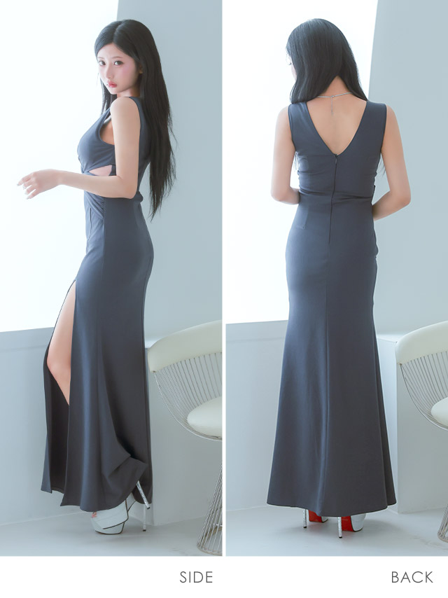 ロングドレス ノースリーブ 谷間 スリット くびれ ヌーディーシアー グリッター ストレッチ XL XXL グレー タイト キャバドレスのサイドバッグ全身