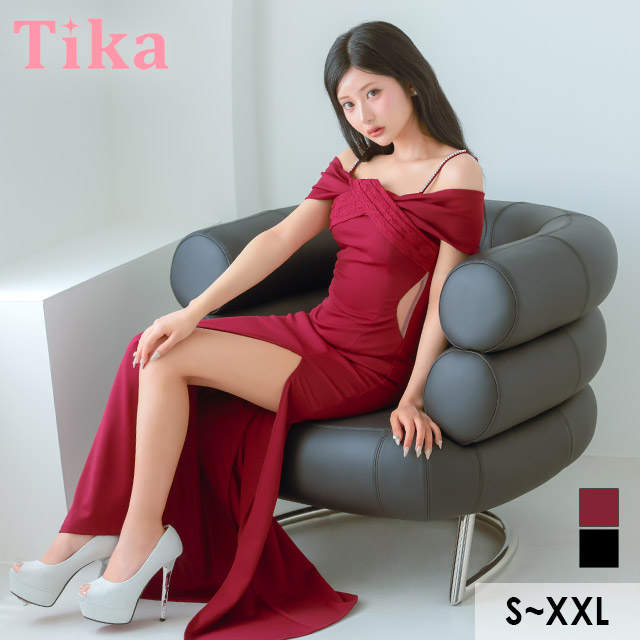  ロングドレス 肩あき レースクロス ストレッチ スリット 大きいサイズ ピンク XL XXL タイト キャバドレスのメイン画像