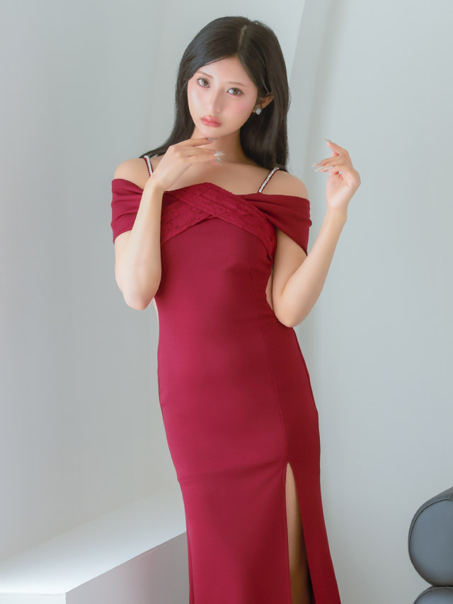 ロングドレス 肩あき レースクロス ストレッチ スリット 大きいサイズ ピンク XL XXL タイト キャバドレスのイメージ画像1