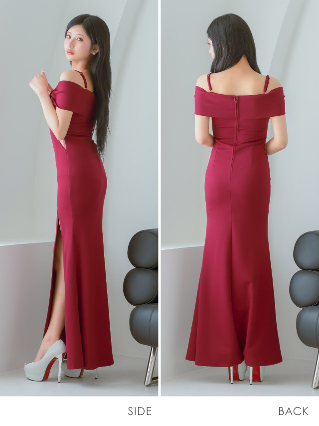 ロングドレス 肩あき レースクロス ストレッチ スリット 大きいサイズ ピンク XL XXL タイト キャバドレスのサイドバッグ全身