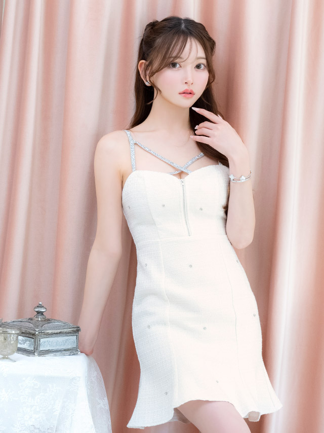 ミニドレス バストジップ ラメキャミソール ツイード Aライン キャバドレスのイメージ画像1