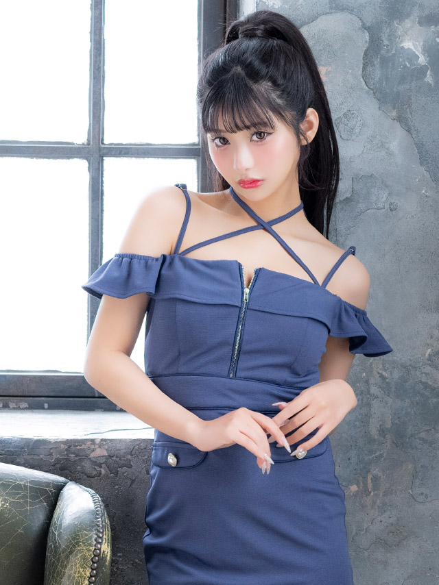 ミニドレス 肩あき クロスネック ジップ パイピング フェイクポケット ストレッチ XL タイト アイボリー キャバドレスのイメージ画像3