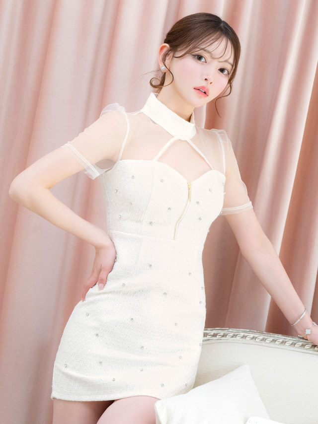 ミニドレス タイト 半袖 シアー ハイネック バストカット ジップ 谷間 ツイード ストーン ホワイト XL キャバドレスのイメージ画像4