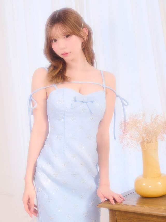 ミニドレス キャミソール コード リボン 谷間 フラワービジュー キラキラ ツイード タイト ライトブルー キャバドレスのイメージ画像1