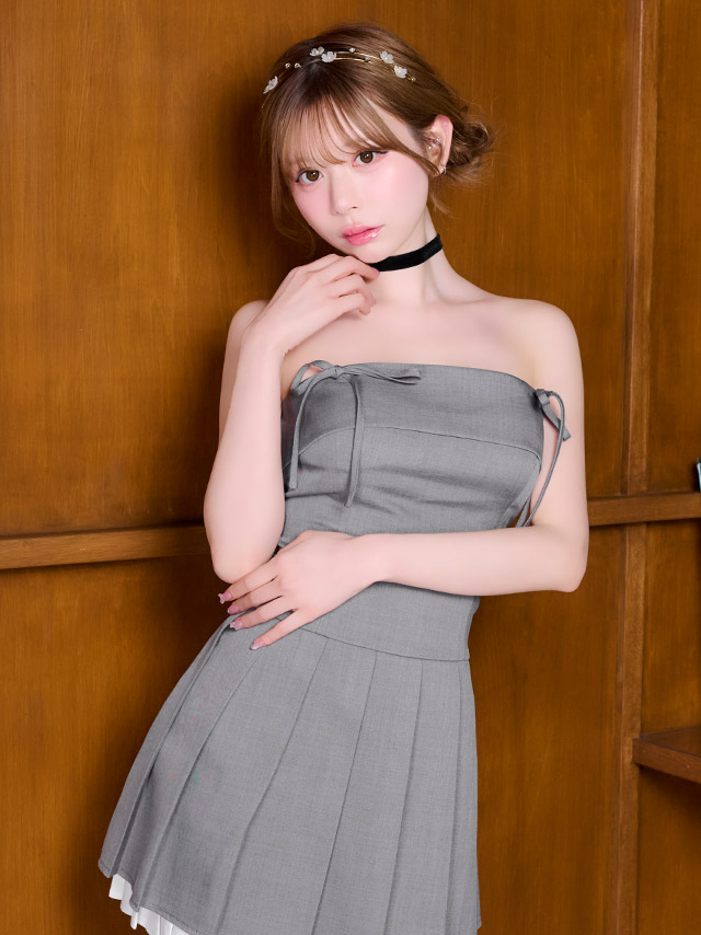 ミニドレス ベアトップ リボン Aライン レイヤード プリーツ 同伴 グレー XL キャバドレスのイメージ画像1