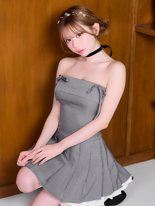 ミニドレス ベアトップ リボン Aライン レイヤード プリーツ 同伴 グレー XL キャバドレスのイメージ画像4
