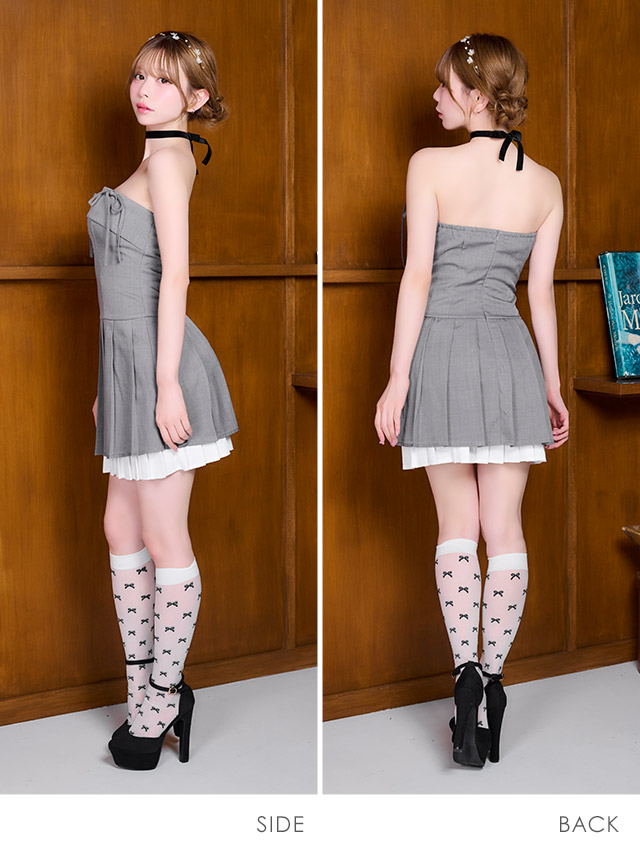 ミニドレス ベアトップ リボン Aライン レイヤード プリーツ 同伴 グレー XL キャバドレスのサイドバッグ全身