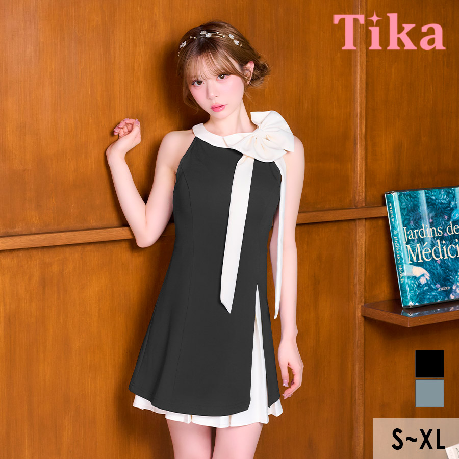 ミニドレス アメリカンスリーブ ハイネック ネックリボン ワンピース ストレッチ Aライン バイカラー プリーツ 同伴 胸元カバー XL ブルーグレー キャバドレスのメイン画像