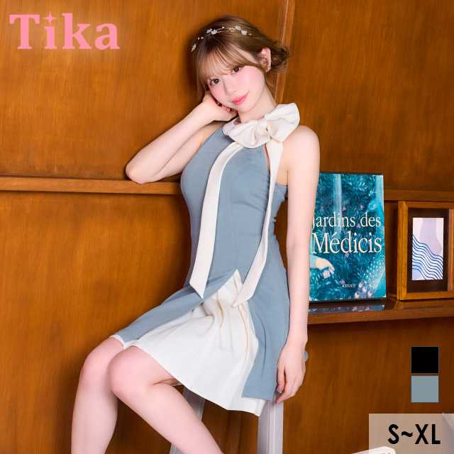 ミニドレス アメリカンスリーブ ハイネック ネックリボン ワンピース ストレッチ Aライン バイカラー プリーツ 同伴 胸元カバー XL ブルーグレー キャバドレスのメイン画像