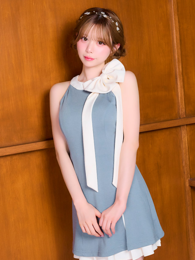ミニドレス アメリカンスリーブ ハイネック ネックリボン ワンピース ストレッチ Aライン バイカラー プリーツ 同伴 胸元カバー XL ブルーグレー キャバドレスのイメージ画像1