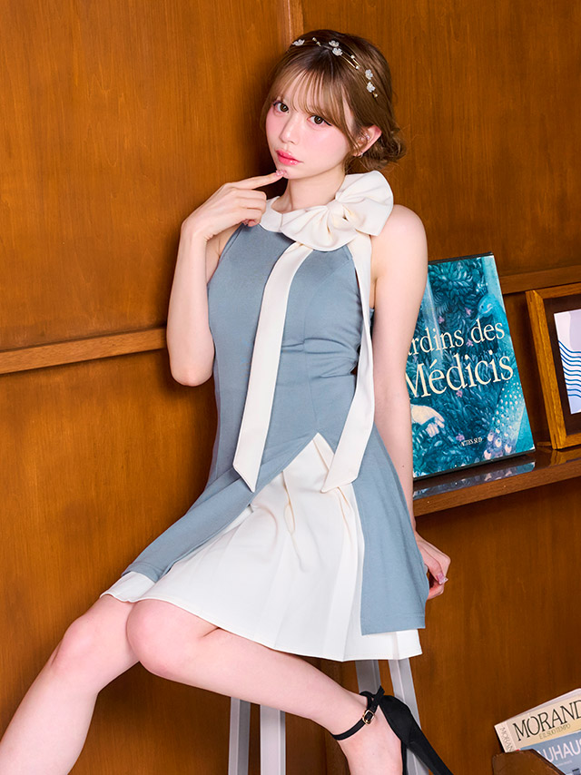 ミニドレス アメリカンスリーブ ハイネック ネックリボン ワンピース ストレッチ Aライン バイカラー プリーツ 同伴 胸元カバー XL ブルーグレー キャバドレスのイメージ画像2