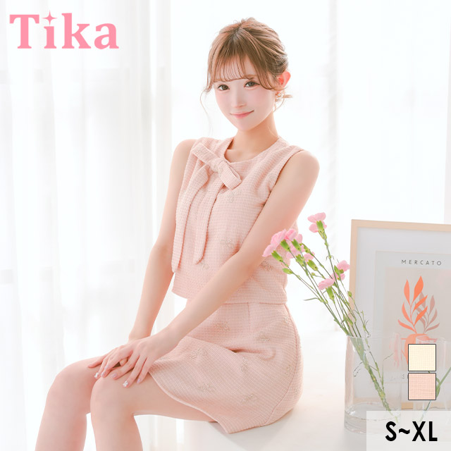 ミニドレス ノースリーブ 下着のまま ツイード ネックリボン ビジュー リボン ピンク XL Aライン キャバドレスのメイン画像