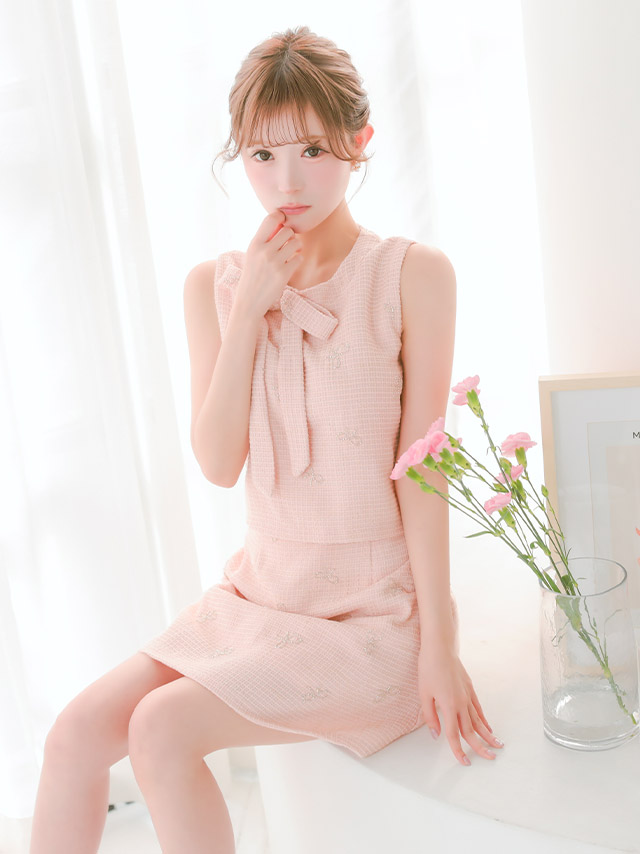 ミニドレス ノースリーブ 下着のまま ツイード ネックリボン ビジュー リボン ピンク XL Aライン キャバドレスのイメージ画像2