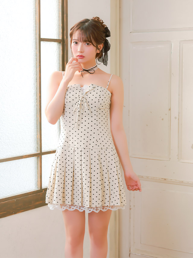 ミニドレス キャミソール リボン ドット柄 谷間 プリーツ アイボリー XL Aライン キャバドレスのイメージ画像2
