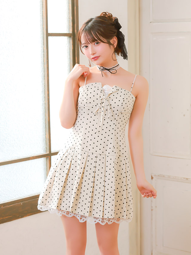 ミニドレス キャミソール リボン ドット柄 谷間 プリーツ アイボリー XL Aライン キャバドレスのイメージ画像2