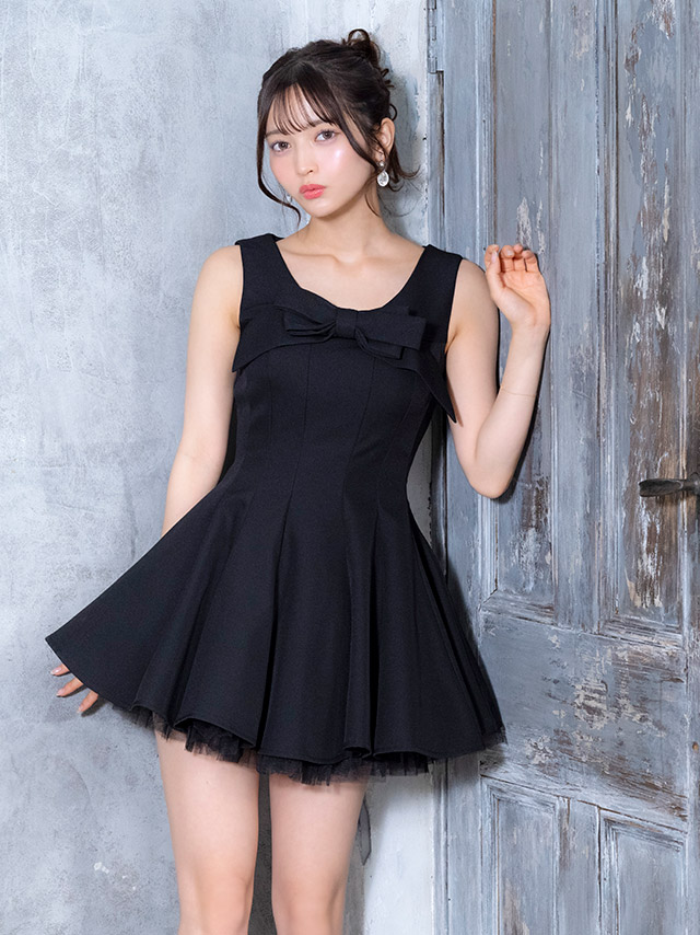 ミニドレス キャミソール ビッグリボン Aライン レイヤード チュール 同伴 黒 XL キャバドレスのイメージ画像1