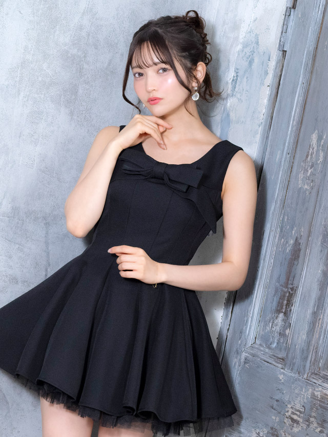 ミニドレス キャミソール ビッグリボン Aライン レイヤード チュール 同伴 黒 XL キャバドレスのイメージ画像2