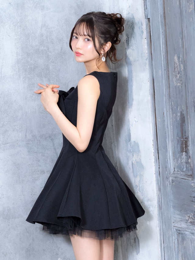 ミニドレス キャミソール ビッグリボン Aライン レイヤード チュール 同伴 黒 XL キャバドレスのイメージ画像4