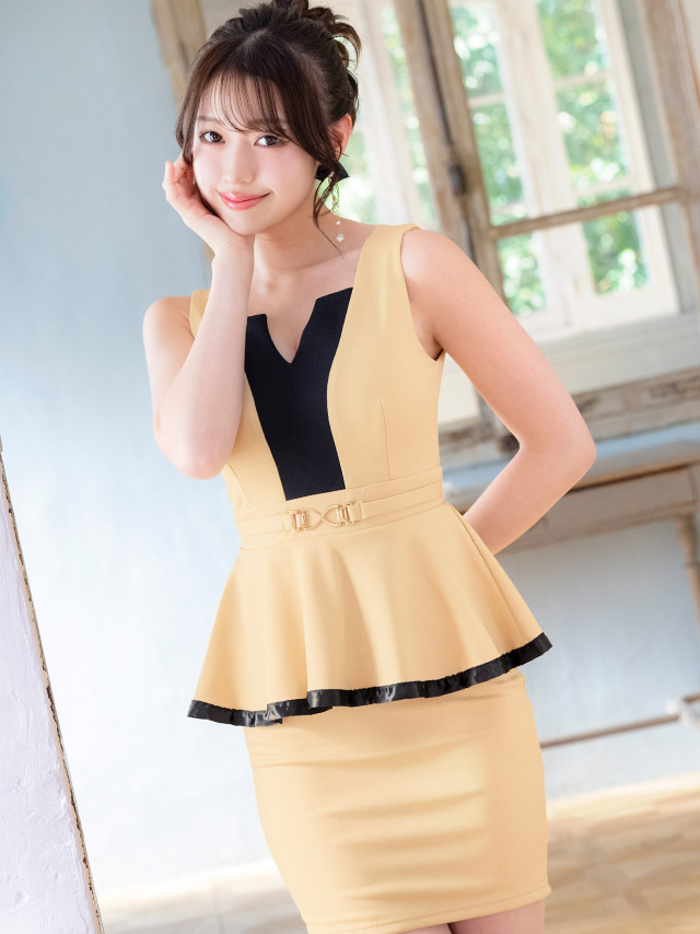 バイカラーVカットネックウエストベルトペプラムノースリーブタイトミニドレスのイメージ画像2