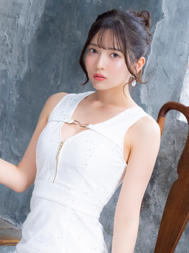 ミニドレス ノースリーブ ジップ 谷間 チェーン パイピング ビジューシャワー キラキラ 下着のまま 大きいサイズ XL XXL 裾フリル タイト イエロー キャバドレスのイメージ画像1