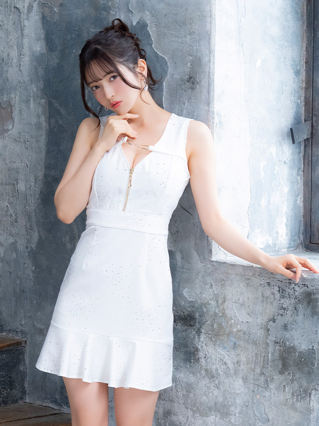 ミニドレス ノースリーブ ジップ 谷間 チェーン パイピング ビジューシャワー キラキラ 下着のまま 大きいサイズ XL XXL 裾フリル タイト イエロー キャバドレスのイメージ画像4