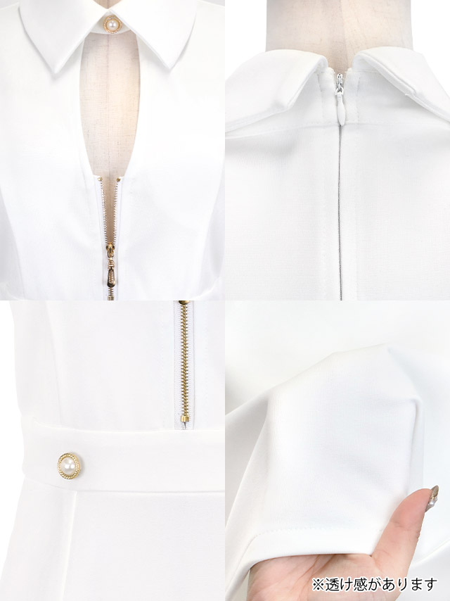 ノースリーブ襟デザインバストカットジップデザインワンカラーストレッチタイトミニドレスの商品特徴