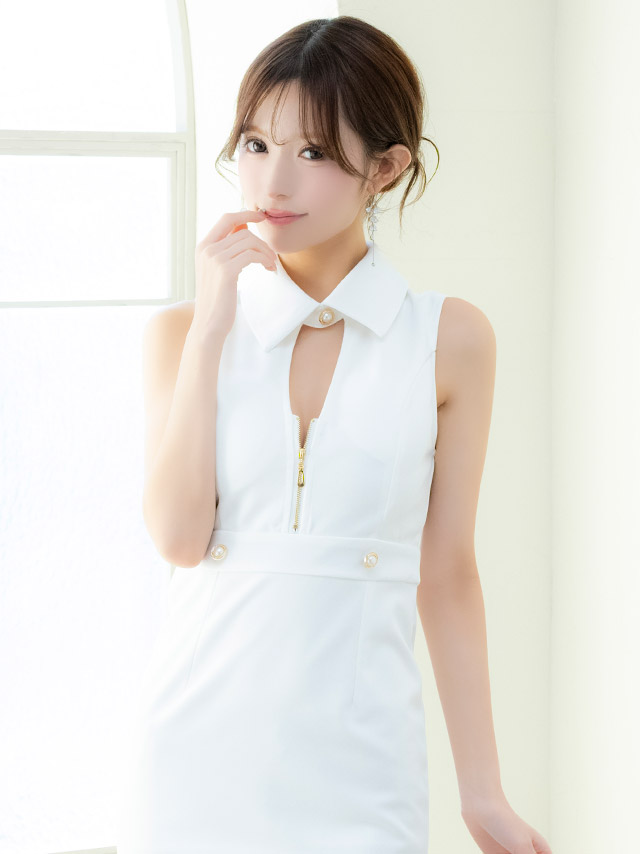 ノースリーブ襟デザインバストカットジップデザインワンカラーストレッチタイトミニドレスのイメージ画像1