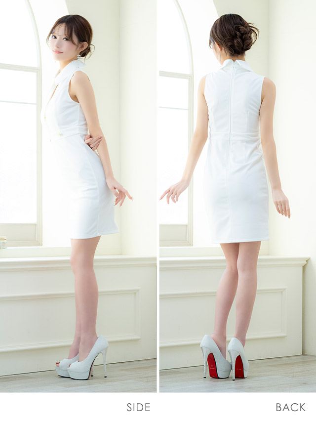 ノースリーブ襟デザインバストカットジップデザインワンカラーストレッチタイトミニドレスのサイドバッグ全身