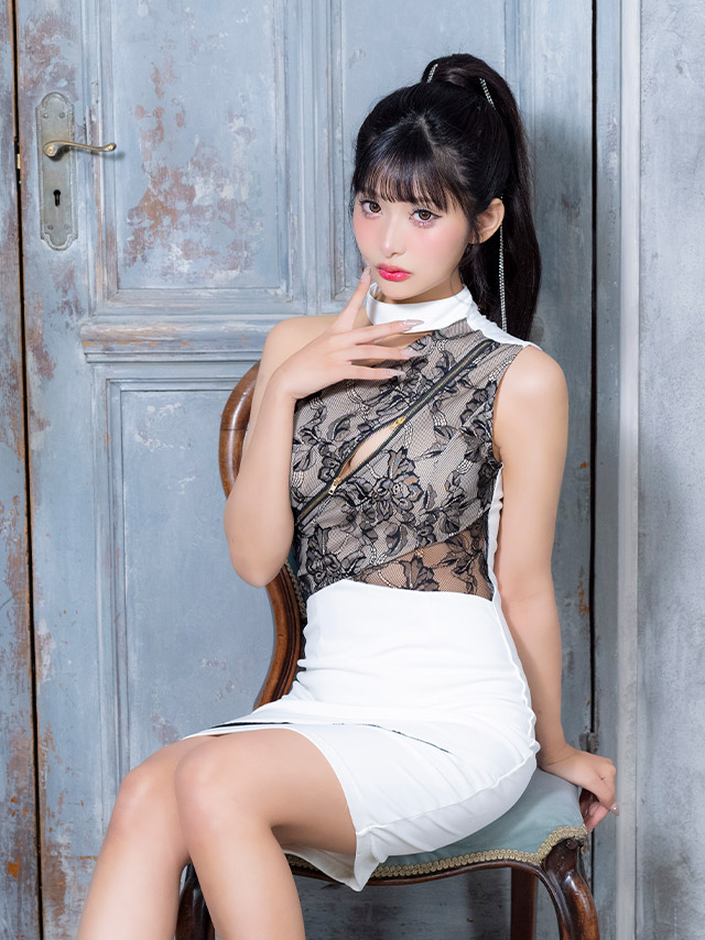 膝丈ドレス チョーカーネック ジップ ヌーディー ブラックレース ワンショルダー タイト ストレッチ 高身長 白 XL キャバドレス のイメージ画像2