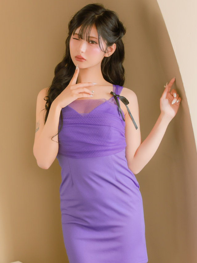 ミニドレス キャミソール シアーショルダー リボン ストレッチ 大きいサイズ XL XXL 4L 5L 紫 パープル タイト キャバドレスのイメージ画像1