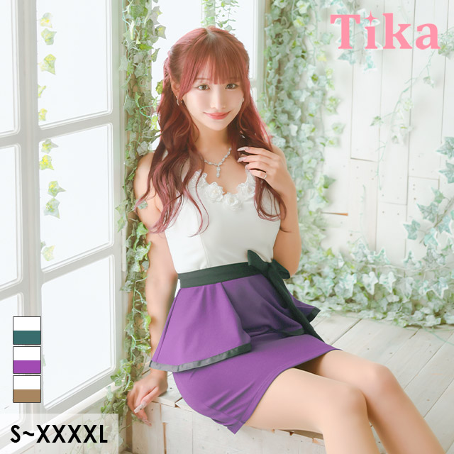 ミニドレス タイト 大きいサイズ レース 大人 ノースリーブ ストレッチ ペプラム ウエストリボン 白 キャメル XL XXL 4L 5L 6L キャバドレスのメイン画像