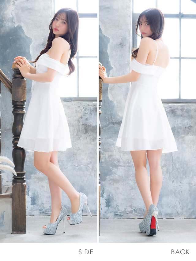 ミニドレス 肩あき シフォン谷間 バストクロス Aライン ワンカラー XL XXL 4L 5L 大きいサイズ 白 キャバドレスのサイドバッグ全身