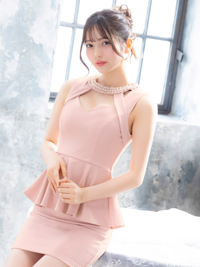 ミニドレス ペプラム 谷間 バストカット ストレッチ ノースリーブ ネックパール お腹カバー 下着のまま 大きいサイズ XL XXL 4L 5L ベージィ タイト キャバドレスのイメージ画像1