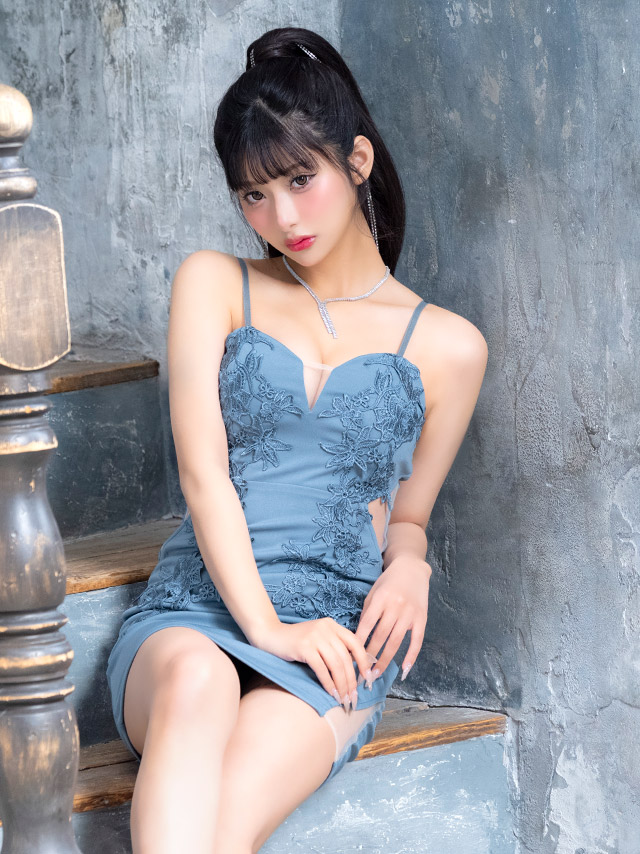 ミニドレス キャミソール 刺繍 谷間 シースルー くびれ ストレッチ 大きいサイズ XL XXL 4L 5L タイト ダスティブルー キャバドレスのイメージ画像4