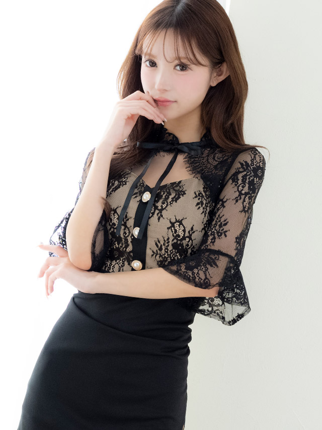 ミニドレス タイト バストカット ネックリボン フラワーレース 袖あり 二の腕カバー 黒 XL XXL キャバドレスのイメージ画像1