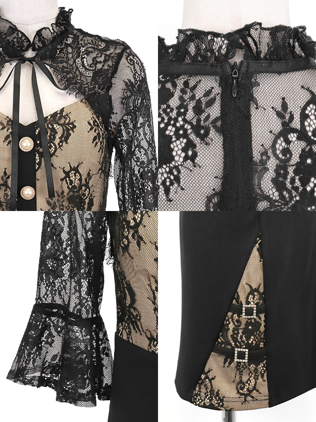 ミニドレス タイト バストカット ネックリボン フラワーレース 袖あり 二の腕カバー 黒 XL XXL キャバドレスの商品特徴