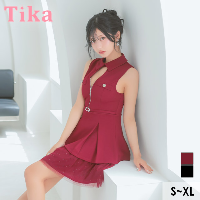 ミニドレス ノースリーブ ジップ 谷間 襟付き ツイード ウエストベルト ラメ チュールスカート ワインレッド XL Aライン キャバドレスのメイン画像