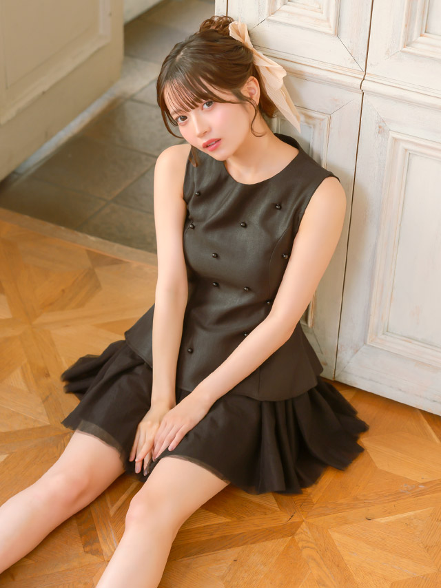 ミニドレス ノースリーブ ペプラム パール 同伴 チュール 黒 ブラック Aライン キャバドレス (黒嵜菜々子着用) [tk-md26062a]のイメージ画像2