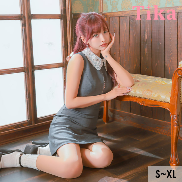 ミニドレス ワンピース Aライン 谷間 ノースリーブ グレー 上品 ジップ 襟付き キャバドレスのメイン画像