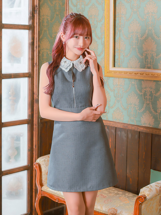 ミニドレス ワンピース Aライン 谷間 ノースリーブ グレー 上品 ジップ 襟付き キャバドレスのイメージ画像1