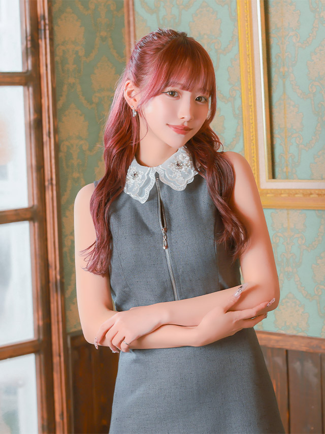 ミニドレス ワンピース Aライン 谷間 ノースリーブ グレー 上品 ジップ 襟付き キャバドレスのイメージ画像2